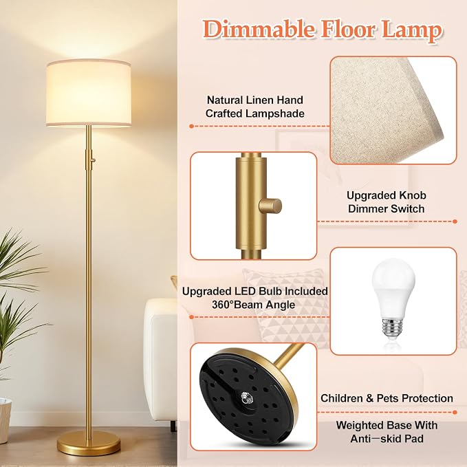 【Upgraded】 Dimmable Gold Floor Lamps for Living Room, 9W LED Bulb Included, Modern Standing Lamp with White Lamp Shade, Tall Pole Light for Bedroom Reading Office Corner Nursery-Gold