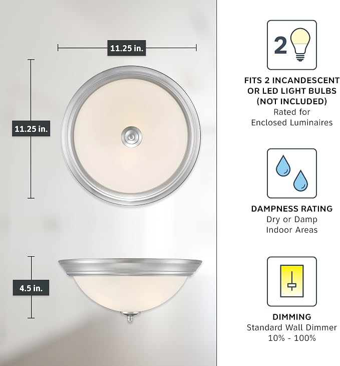 Designers Fountain Flush Mount Ceiling Light, 11 Inch Frosted Glass Lighting Fixture for Kitchen, Bedroom, Bathroom, and Hallway, LED Bulbs Not Included, Brushed Nickel