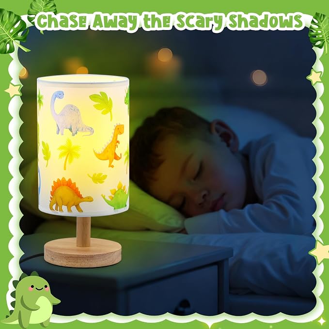 Dinosaur Table Lamp for Kids Bedroom - Cartoon Dinosaur Bedside Lamp with Linen Lampshade Wooden Stand Night Light for Boys Bedroom Living Room Nursery Room Decor Dino Gifts for Boys