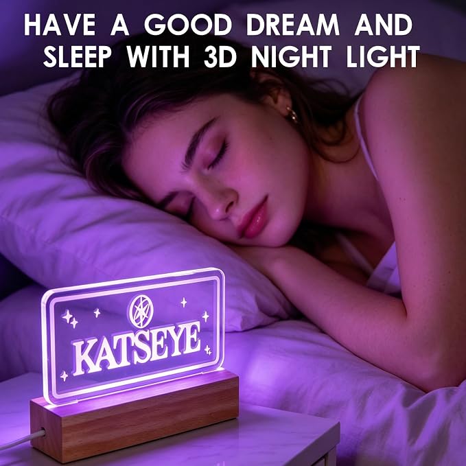 Kate LED Night Light 7 Color Changing Neon Sign USB Acrylic Lamp Wood Base | Adjustable brightness USB powered glowing decor lamp birthday gift for K-pop fans for bedroom desk home ambiance decoration