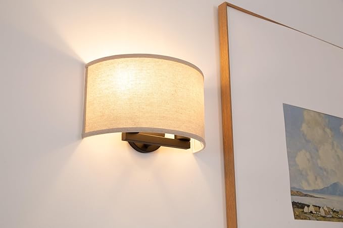 Yosoan 2-Light White Fabric Boho Wall Sconce Indoor Hallway Light Fixture, Dual Vintage Industrial Aged Hardwired Sconces Wall Lighting Semicircle Textile Shade for Bedroom Living Room Corridor Study