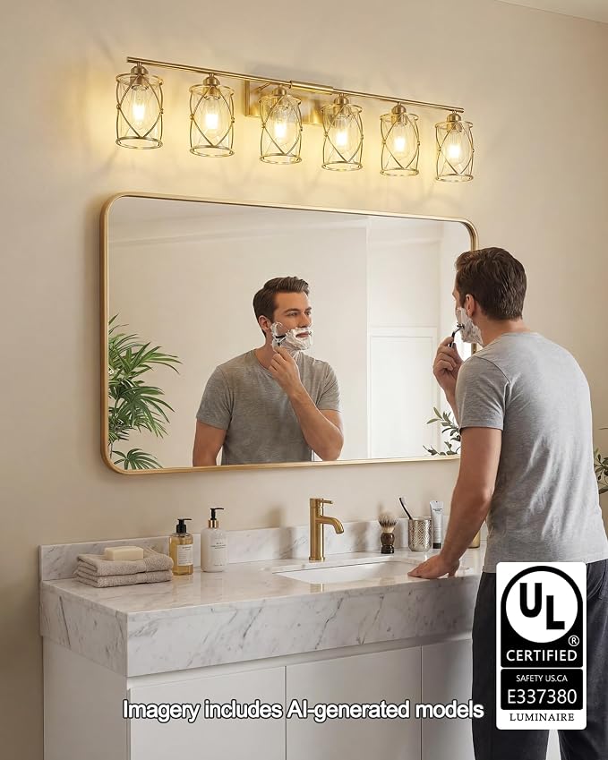 6-Light Brushed Gold Bathroom Light Fixtures Over Mirror, 42" UL-Listed Modern Wall Sconce Lights with Clear Glass and Metal Cage for Bath, Hardwire E26, CH9176BG-6W