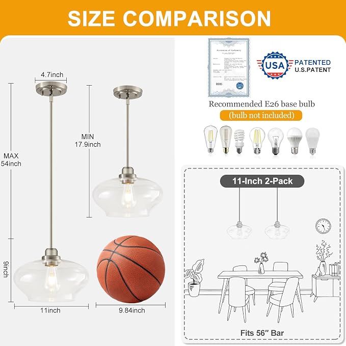 Modern Pendant Lights Kitchen Island, Brushed Nickel Pendant Light Fixtures with 11" Clear Glass Shade, Industrial Hanging Pendant Lights Fixture for Kitchen Island Dining Room Bedroom Foyer Entryway