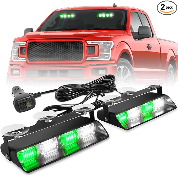 HLauto 2002L Emergency Dash Strobe Lights: Green White Safety Lights, Flashing Warning Hazard Windshield Visor Traffic Light Bars for Trucks, Construction Vehicles (2x8.5 inch, 48LED)