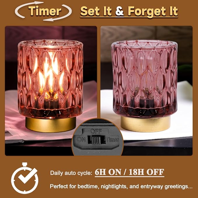 Battery Operated Table Lamp Timer, Small Cordless Lamps Decorative, 2 Pink | Mini Crystal Lamp for Area No Plug, LED Battery Powered Lamps Wireless, Glass Accent Light for Bathroom Fireplace Shelf Decor