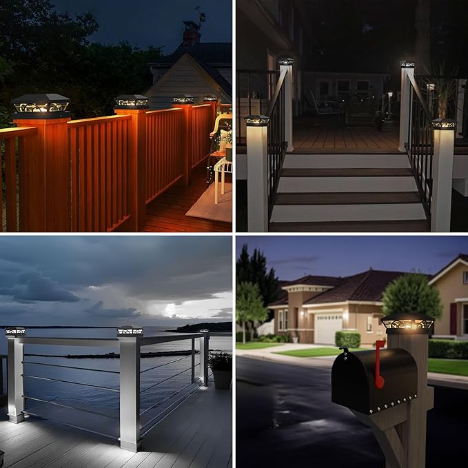 T-SUN Solar Post Cap Lights 12 Pack – Outdoor Waterproof Fence Lights for 3.5x3.5 4x4 5x5 5.5x5.5 Wood/Vinyl Posts, 2 Modes Warm White/White, Solar Deck Light for Patio, Garden, Porch (Black)
