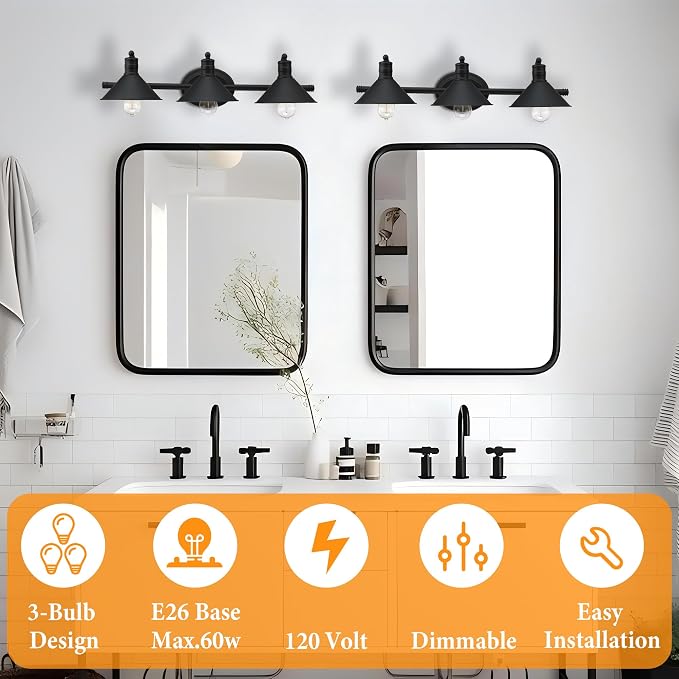 3 Light Bathroom Vanity Light Over Mirror - Farmhouse Wall Light for Bathroom Vanity Powder Room, Rustic Gooseneck Barn Style 3 Bulb Wall Sconce Over Kitchen Sink