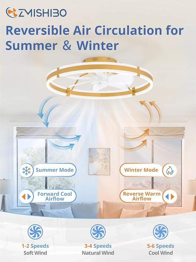 ZMISHIBO Low Profile 24'' Ceiling Fans with Lights and Remote, Gold | 3000-6000K Dimmable LED Fandelier, Quiet DC Motor, Reversible Airflow, 6 Wind Speeds, Timer, Bedroom, Living Room, Kitchen