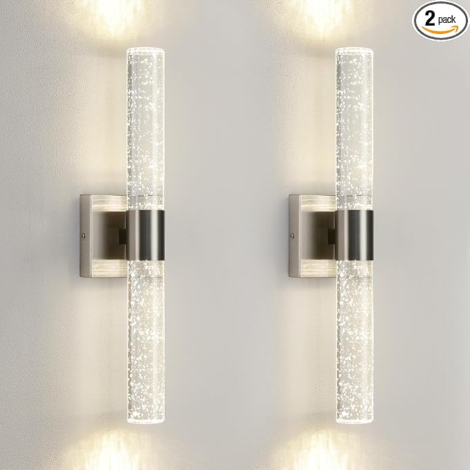 Modern LED Wall Sconces Set of Two - 4000K Dimmable Crystal Bathroom Sconces Wall Lighting Indoor Brushed Nickel Vanity Light Fixture Wall Mount Wall Lights for Bedroom Living Room,18 Inch