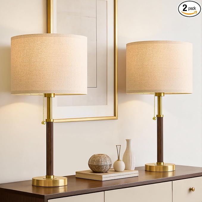 G-SAFAVA 22" Table Lamps Mid Century Modern Lamps for Bedroom Living Room Bedside Lamps for Night Stands Wood Nightstand Lamp Gold Small Side End Table Lamps Set of 2 Vintage Home Deco Office Gifts