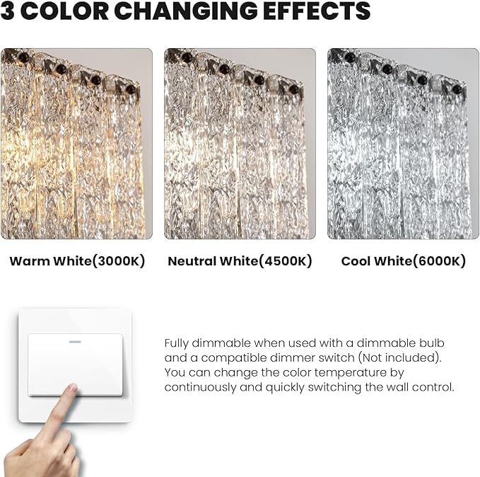 CROSSIO Modern Rectangle Black Crystal Chandeliers for Dining Room, L40 Rectangular Water Ripple Glass Pendant Light Fixture, Linear Farmhouse Lighting for Kitchen Island, Living Room, 6 Lights