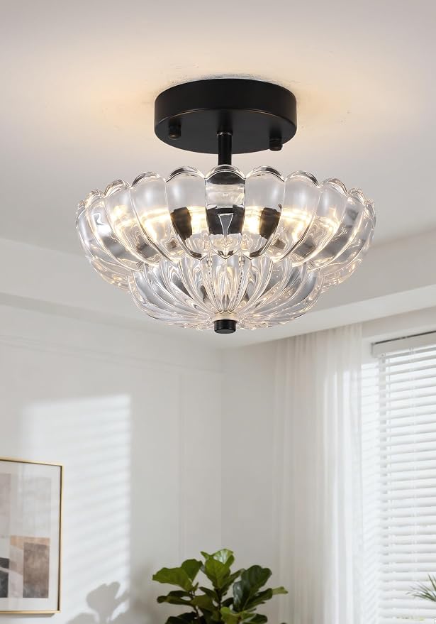 Semi Flush Mount Ceiling Light, Mini Vintage Black Close to Ceiling Light Fixture with Glass Shade, Modern Lighting for Bedroom Hallway Kitchen Laundry-Clear