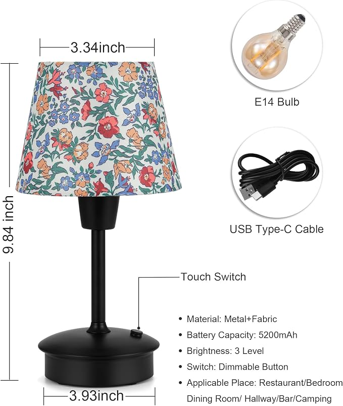 UMEXUS 9.8'' Small Cordless Table Lamp, 5200mAh Battery Operated Touch Lamp | Rechargeable Dimmable Warm Light for Restaurant, Portable Night Light for Bedside Dining Bar Kitchen Outdoor, Floral Pattern