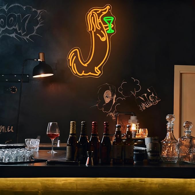 Dachshund Drinking Martini Neon Sign Yellow Dog Neon Signs for Wall Decor Dimmable Dachshund Cocktail Neon Light for Bar Pub Wall Art Dog Home Wall Decor(16 * 12.4")