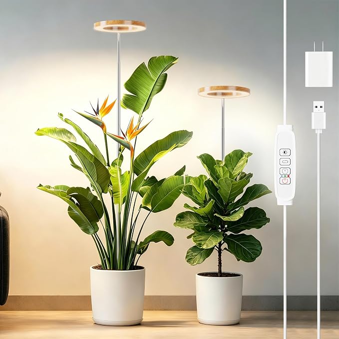 SDOVUERC Full Spectrum Grow Lights for Indoor Plants – Adjustable Height Plant Lamp with Wood‑Grain Finish, 6/12/18H Timer, 3 Color Modes, Perfect Plant Lights for Houseplants Growing(Pack 2)