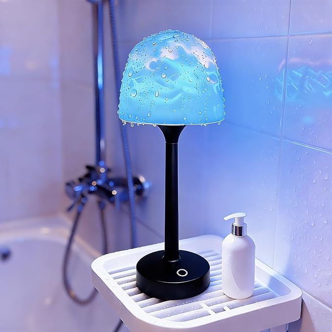 Waterproof Bathroom Lamp with 16 Color Ocean Wave Projector, Rechargeable Shower Light with Touch & Remote Control, Cordless Light for Inside Shower/Bathtub (Black)