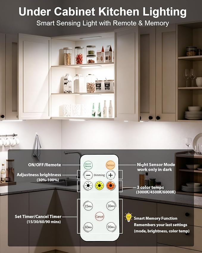 80-LED Motion Sensor Light Indoor with Remote, 12 inch Under Cabinet Lighting Wireless, Timer & Dimmable Under Cabinet Lights, Under Counter Lights for Kitchen, Stairs, Hallway, 3 Color, 2Pack