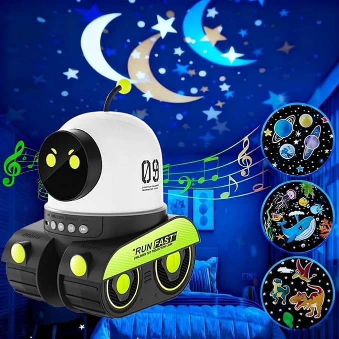 Kids Cartoon Projector Lamp, 21 Slides+360° Rotation Silent Kids Night Light, Rechargeable Robot Night Light with Music for Children Bedroom, Universe Starry Sky Rotate LED Room Decor (No Music)