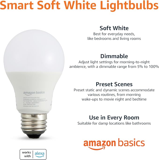 Amazon Basics Smart A19 LED Light Bulb, Dimmable Soft White (2700K), 9W (60W Equivalent), 800LM, Compatible with Alexa Only, Energy Efficient, 2.4 GHz Wi-Fi, No Hub Required, 2-Pack