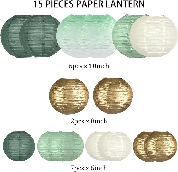 15-Pack Sage Green Gold Paper Lanterns, Hanging Classroom Decor | 6,8,10 Inch Hanging Lanterns for Weddings, Bridal Showers, Graduations, Anniversaries & Baby Showers