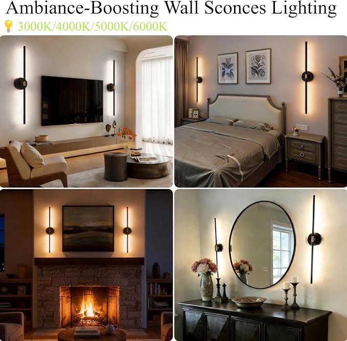 Battery Operated Wall Sconce Set of 2: 10000mAh Wireless Sconces Rechargeable Wall Lights with Touch and Remote, 360° Rotate Cordless Wall Lamp for Bedroom Living Room Hallway, 31.5 Inch, Black