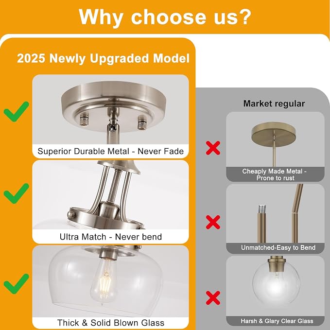 Modern Pendant Lights Kitchen Island, Brushed Nickel Pendant Light Fixtures with 10" Clear Glass Shade, Industrial Hanging Pendant Lights Fixture for Kitchen Island Dining Room Bedroom Foyer Entryway