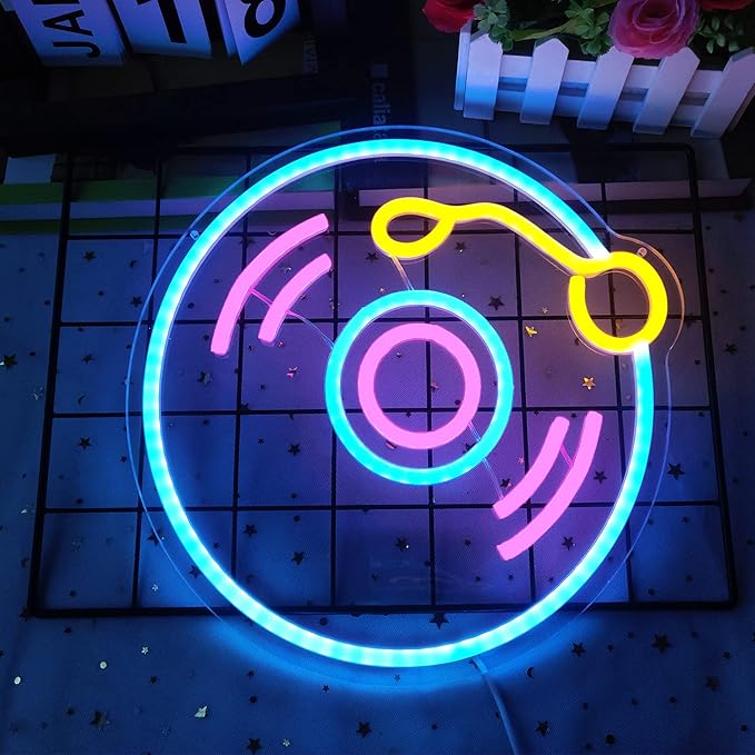 Record Neon Sign Dimmable Music Neon Light for Wall Decor - Player Live Music Art Sign for Bedroom, Bar, Birthday, Christmas, Hotel, Recording Studio - 12in