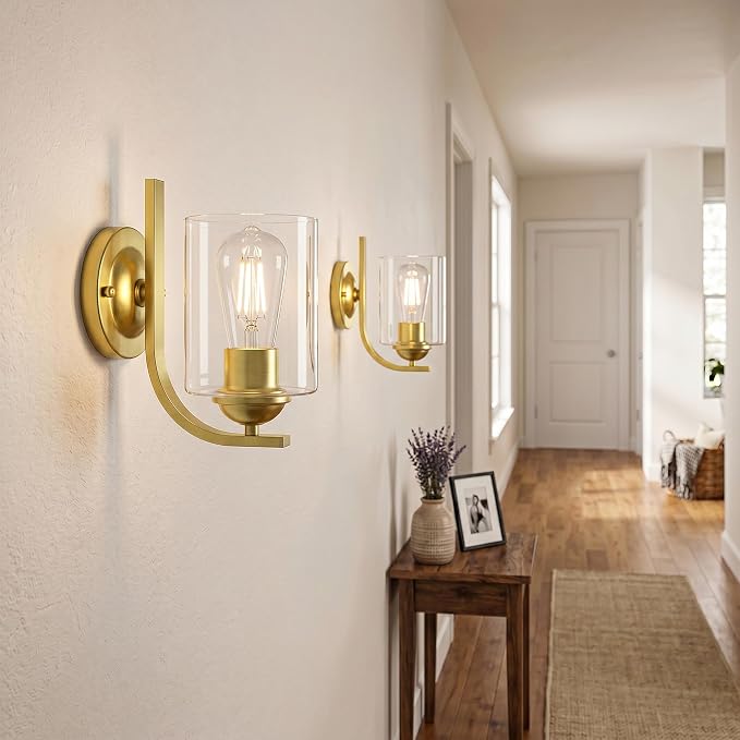Wall Sconces Lights Lamp for Bedroom Bathroom, Modern Vanity Light Fixtures, Gold Farmhouse Wall Mount Lighting Lanterns with Clear Glass Shade for Living Room Mirror Hallway Kitchen