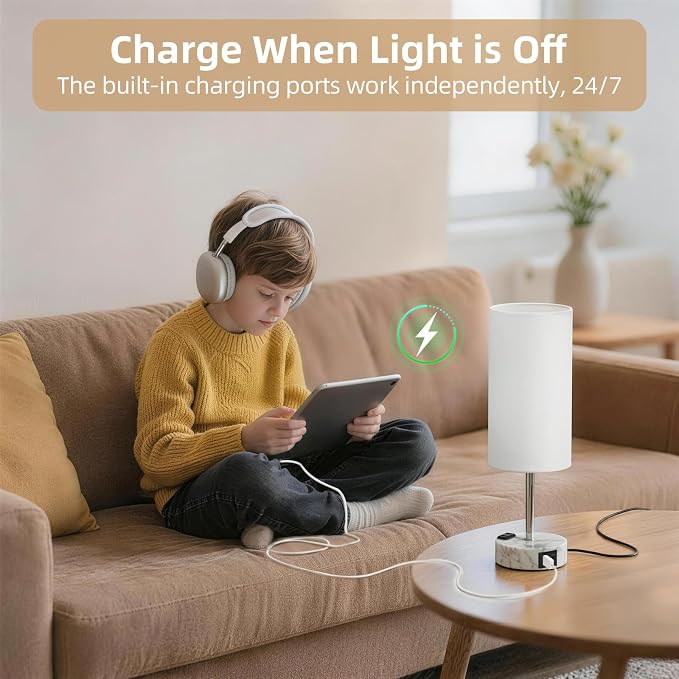 Table Lamp for Nightstand, High-Sensitivity Touch, 3-Level Dimmable Bedside Lamp with AC Outlet | USB | and USB-C, Ideal Night Stand Lamp for Bedroom (1, White&Marble)