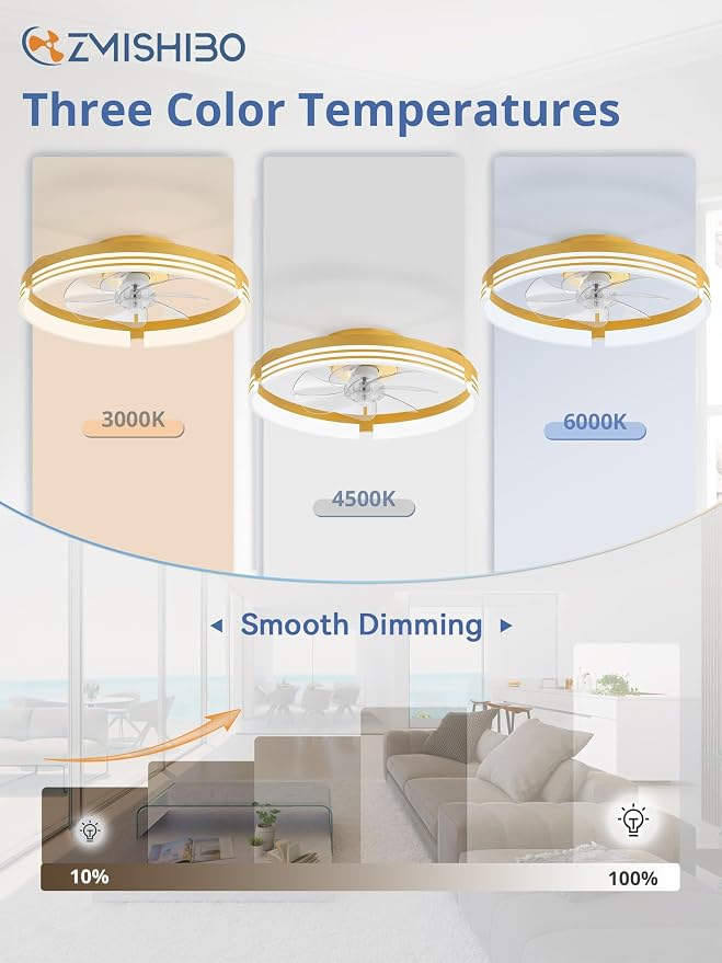 ZMISHIBO Low Profile Ceiling Fans with Lights and Remote, 20" Gold | 3000K-6000K Dimmable Fandelier LED, Flush Mount, 6 Wind Speeds, Reversible, Timer, Bedroom, Living Room, Kitchen, Kids Room