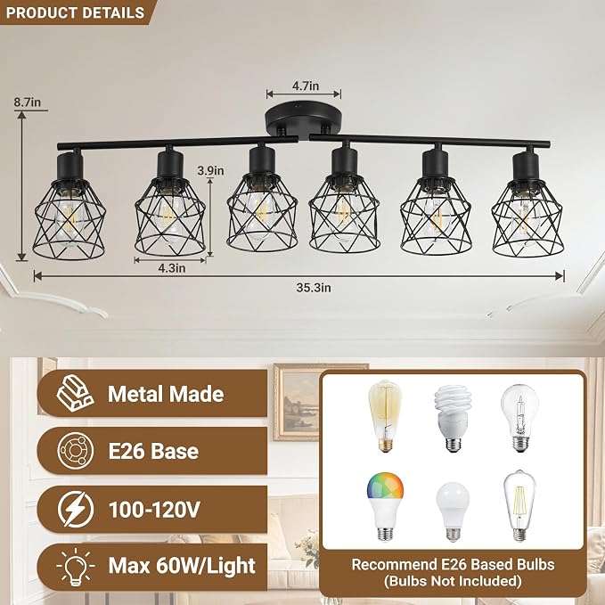 LOUSACE 6-Light Ceiling Track Lighting Fixtures, Multi-Directional Flush Mount Ceiling Spot Lights, Rotatable Black Track Light with Metal Cage for Farmhouse Dining Room, Living Room, E26 Base