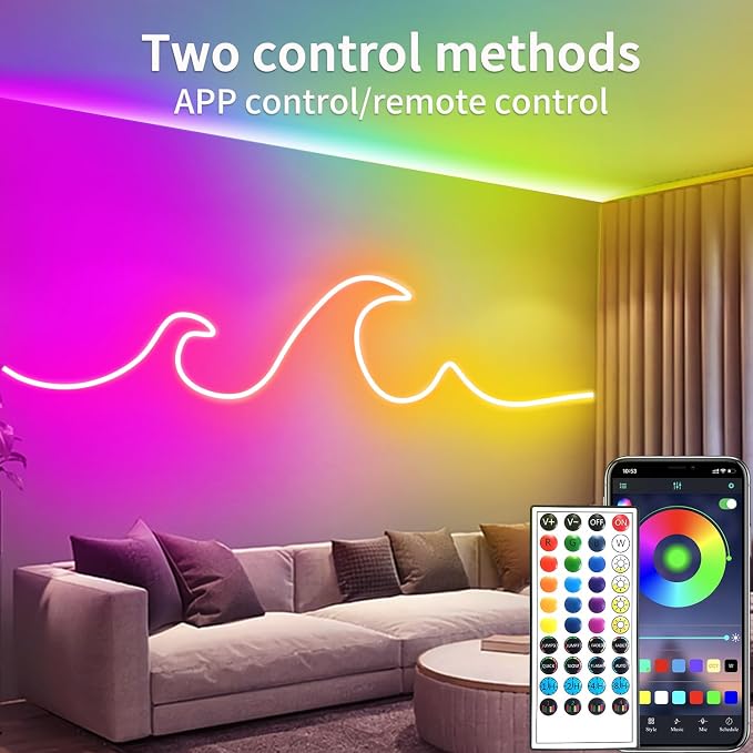 100FT Neon Rope Light,24V IP65 Waterproof RGB LED Strip Lights | Neon Lights with 40 Key Remote and APP Control for Bedroom,Multiple Modes for DIY Design（2 Rolls of 50ft with Snap &Screws）