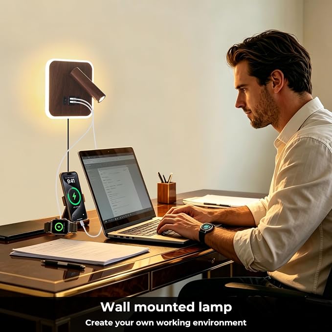 Plug in Wall Sconce with Wall Mounted Reading Lights with Switch | Wall Lamp for Bedroom with Charging Station USB C+A Ports,Bunk Bed Lights with 3W+9W Night Light,Walnut Color Reading Light