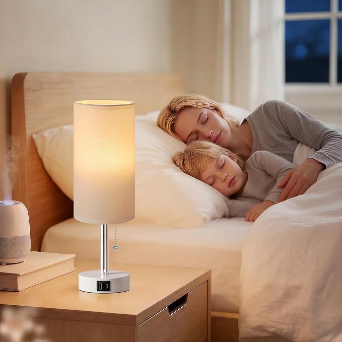 White Bedside Table Lamp for Bedroom - Small Nightstand Lamp for Girls | 3 Color Temp, USB A+C Ports, LED Bulb Included, Soft White Fabric Shade, Matte White Metal Base, 14" Desk Lamp for Kids Dorm