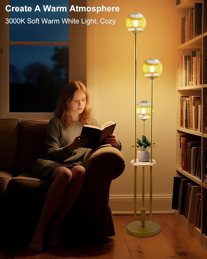 Lightdot Amber Glass Floor Lamp with Shelf 63IN Dimmable Mid Century Modern Gold Standing Lamps 3000K Bulbs Included Globe Floor Lamp with 5Lbs Heavy Base for Living Room/Wedding/Sofa Beside/Corner