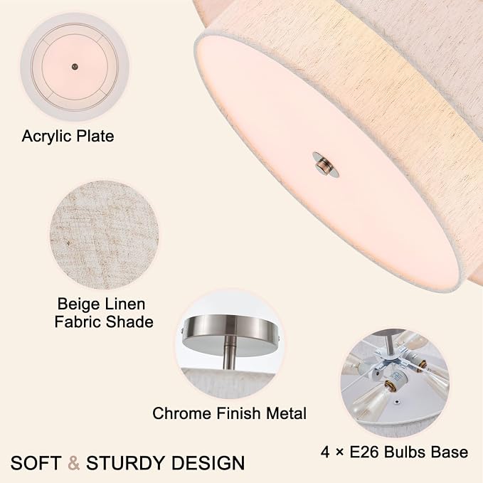 21.7" Large Chrome Flush Mount Ceiling Light, Linen 4-Light Fixture | Beige Linen Double Drum Shade, Modern For Bedroom, Living Room, Kitchen, Dining Room, Nursery,Close-To-Ceiling, E26, Dimmable