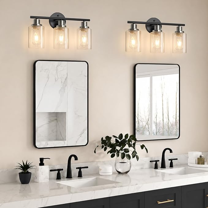 Modern Bathroom Light Fixtures, 3 Light Vanity Lights, Black and Brushed Nickel Wall Lamp with Clear Glass for Bathroom, Mirror, Living Room, Bedroom, Hallway, E26 Base