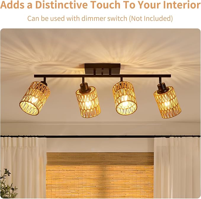 4 Light E26 Track Lighting Fixtures Ceiling Rattan Farmhouse Boho Ceiling Track Lighting, Directional Rotatable Modern Track Ceiling Light Fixtures for Kitchen Bedroom Hallway Porch Foyer