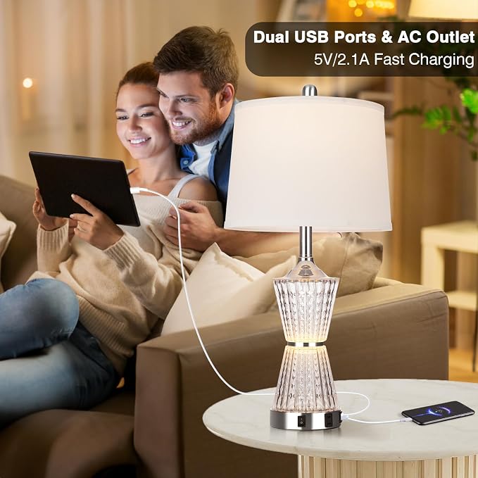 26" Modern Table Lamps, Set of 2 Table Lamp Night Light with 2 USB Charging Ports & AC Outlet, Bedside Nightstand Lamp White Shade for Living Room Bedroom Home Decor Silver(LED Bulbs Included)