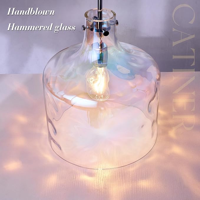 Colorful Hammered Glass Pendant Light, Chrome Hanging Light, 12-Inch | Hand-blown colorful hammered glass pendant light, adjustable chain, E26 socket, ideal for kitchen island lighting.