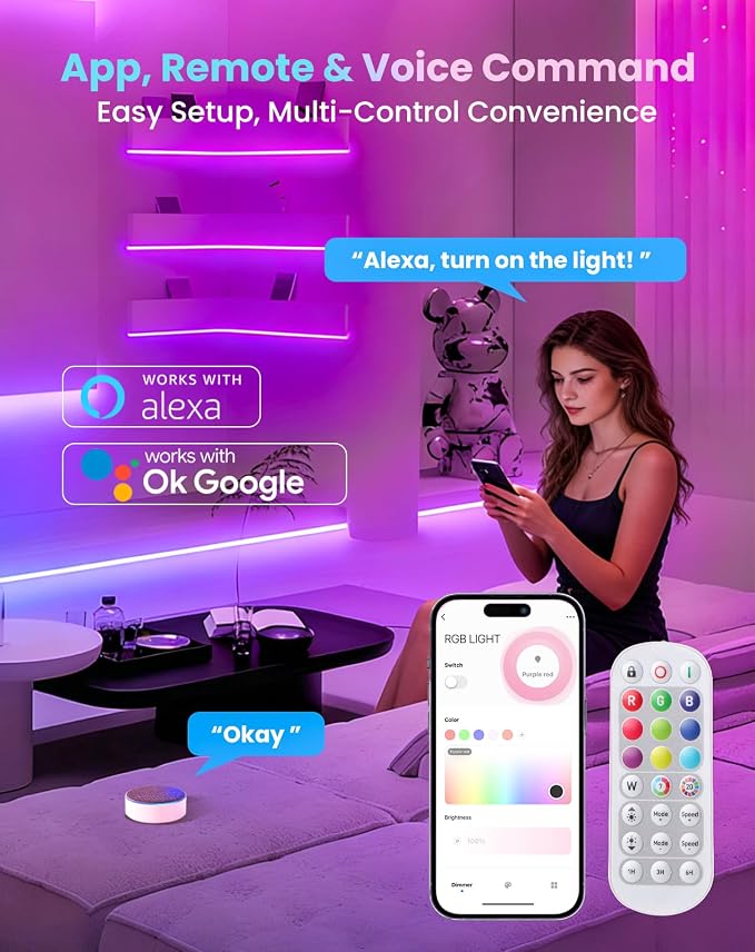 Smart LED RGB Neon Rope Lights AC 120V, ETL Expandable Color Changing Dimmable with Remote Compatible with Alexa, Google Assistant, Cold-Resistant & IP65 Waterproof, 8x16 mm, 98.4FT