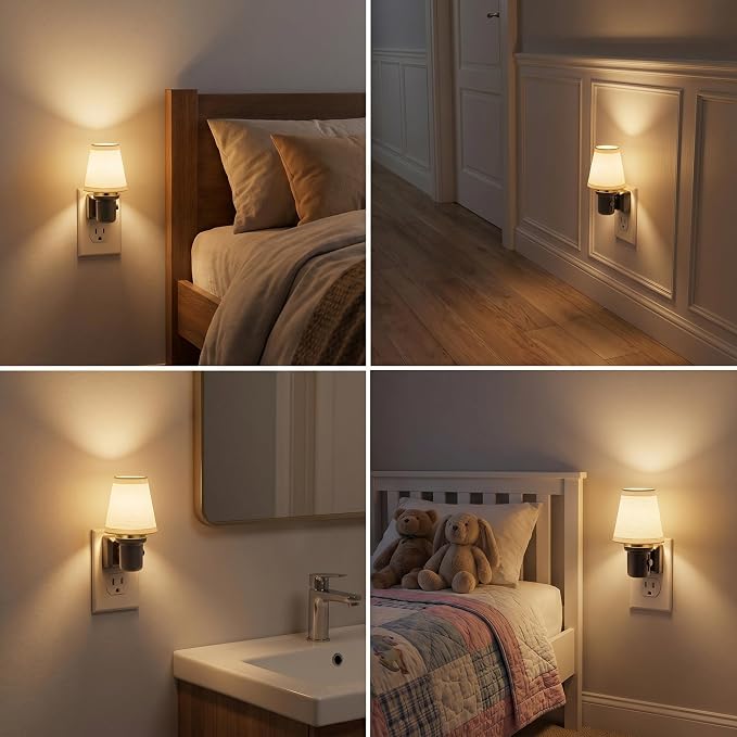 JandCase LED Night Lights Plug into Wall, Linen Fabric Round Vintage | Nightlight, Decorative Night Light with Dusk to Dawn Sensor, 0-100LM Dimmable, for Bedroom Living Room Hallway[2 Pack]