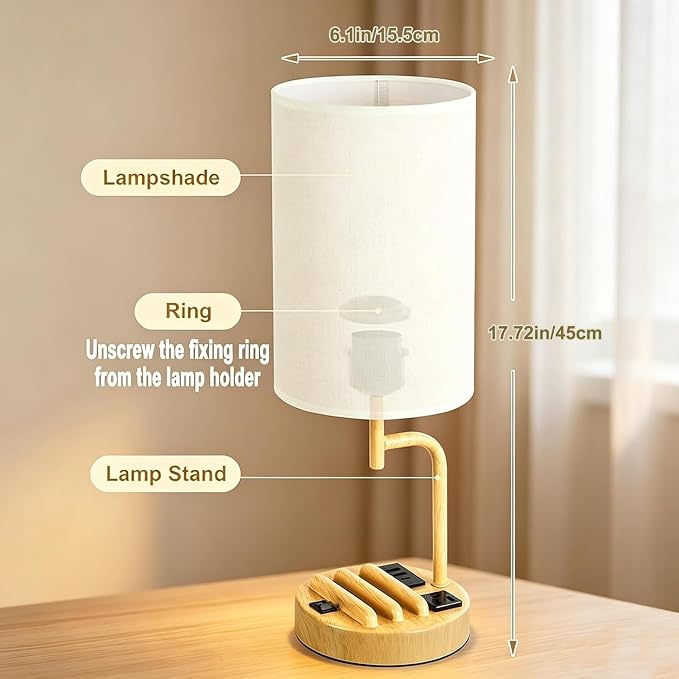 Dreamholder 2 Pack Table Lamp, Bedside Lamp with 3 USB Charging Ports & AC Outlet, USB Desk Lamp with 2 Phone Holders, Linen Fabric Shade Nightstand Lamps for Bedroom Living Room Office, Woodgrain