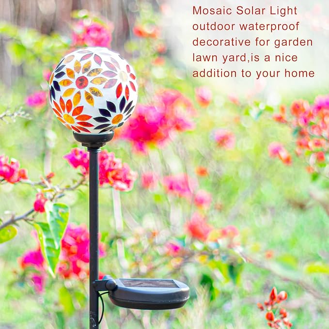 VCUTEKA Decorative Solar Garden Lights, 3.5" Mosaic Globe Outdoor Stake | Mosaic Glass Globe Design, Solar LED Light, Waterproof Design, Auto On/Off and Metal Stake Design for Lawn and Patio