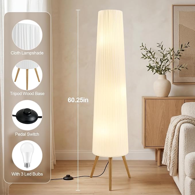 60 Inch Wood Floor Lamp, White Cloth Shade, Color Temperature Adjustable Softlighting Corner Lamp, 3 Bulbs Standing Lamp, Creative Ambient Light for Living Room Bedroom&Office-Bulbs Included
