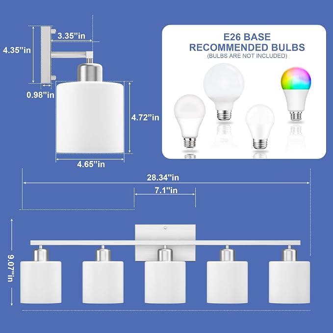 Bathroom Lights Over Mirror Brushed Nickel, Anti-Rust 5-Light Bathroom Vanity Light Fixtures, Modern 28.34Inches Wall Sconces E26 Base, Milky White Glass Shades, Bulbs Not Included