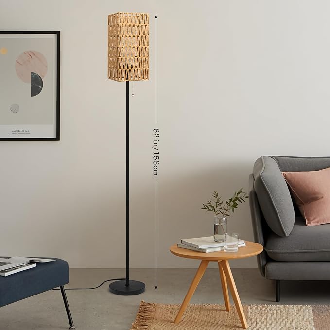 Ruiever Floor Lamp for Living Room,Farmhouse Floor lamp,Modern Standing lamp with Hand-Worked Rattan Shade (Square Shade-3 Color Blub)