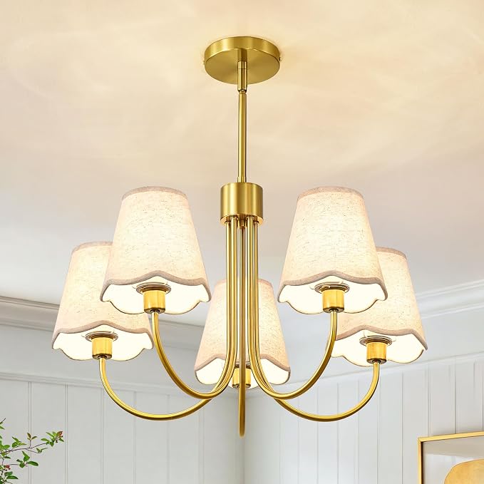 RUIYEY Modern Dining Room Chandelier - 20" 5-Light Gold Chandeliers Light Fixture with Fabric Shades, Height Adjustable Mid-Century Pendant Lighting Over Table for Bedroom Living Room Kitchen Island