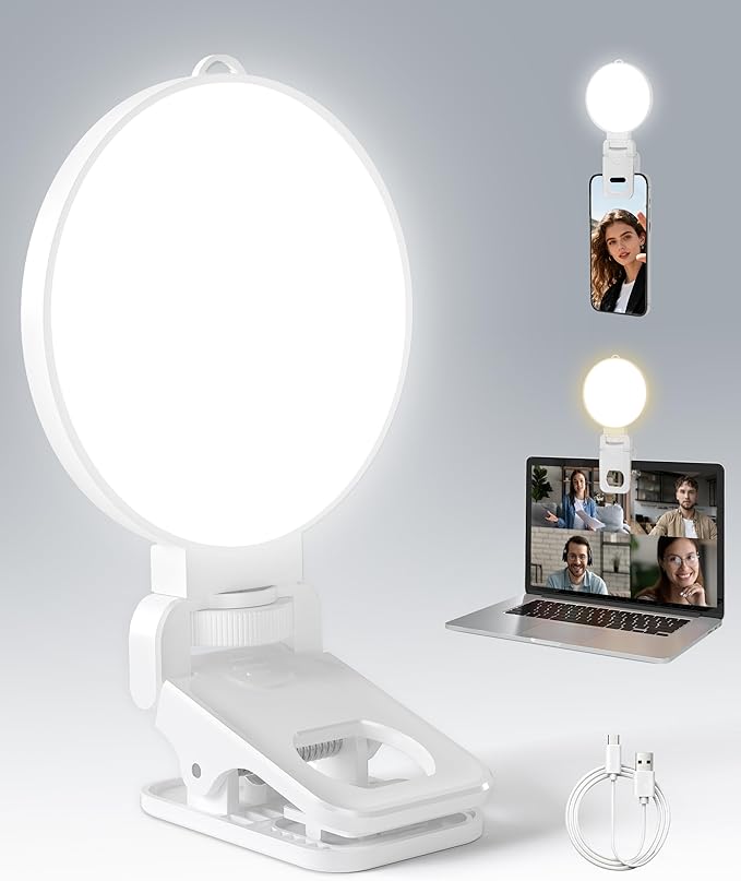 NiceVeedi 3 Color Soft Selfie Light Phone Light with Clip, Portable Edge-lit Ring Light, Rechargeable Video Conference Lighting for iPhone/Selfies/Makeup/Live Streaming/TikTok/Vlog/Zoom/Video Calls