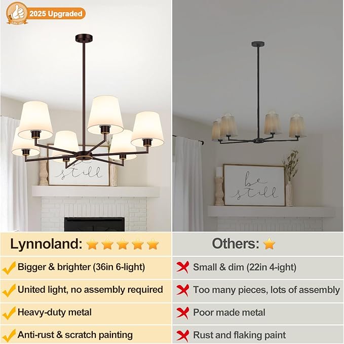 36" Oil-Rubbed Dining Room Light Fixture, No Assembly Required 6-Lights Kitchen Chandelier for Dining Room with White Fabric Shade, Chandelier Ceiling Light Fixture for Kitchen Bulb Not Included